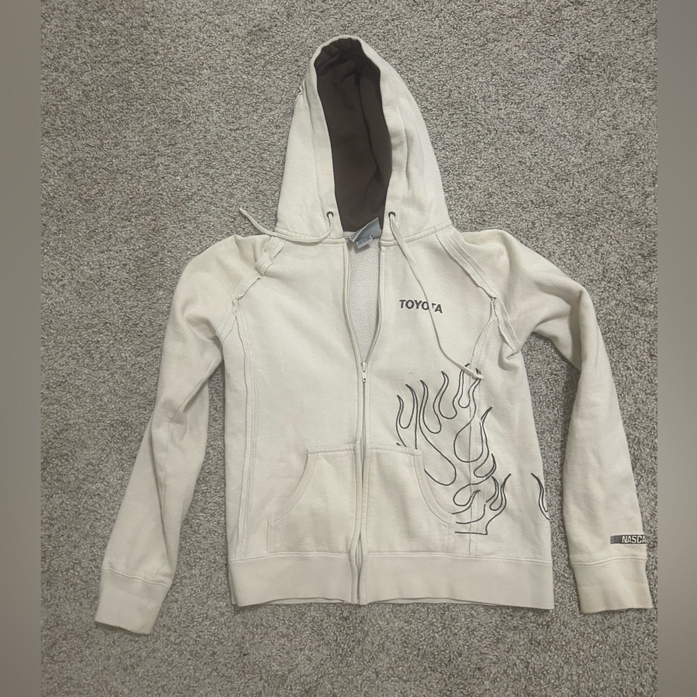 Y2K Toyota Cream Jacket Flame Design Boys Size Medium Brown Hooded Zip Up NASCAR
